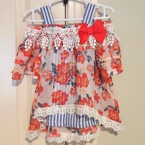 Floral little lass sparkle 12-18m shirt w bow and lace
